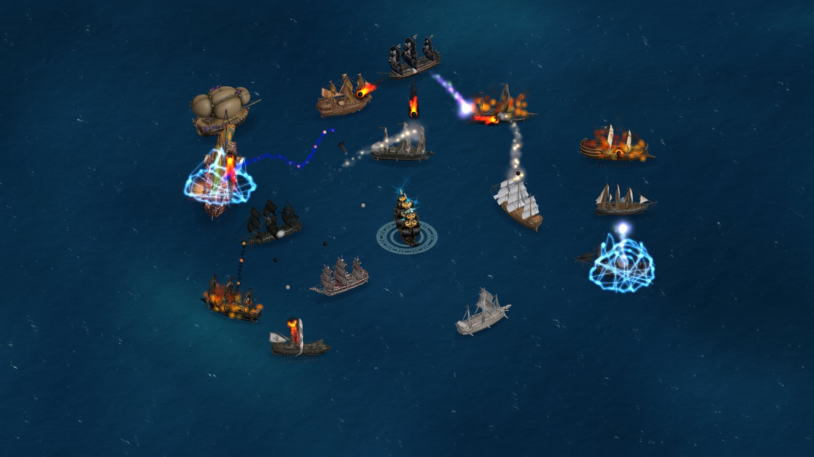 A fleet of sailing ships trading cannon fire across a dark open ocean in SeaSalvo.
