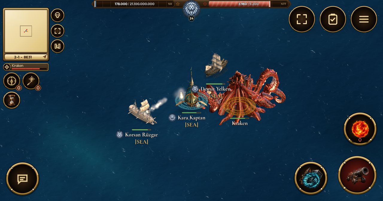 In-game view of ships taking on a giant kraken during a live SeaSalvo event.